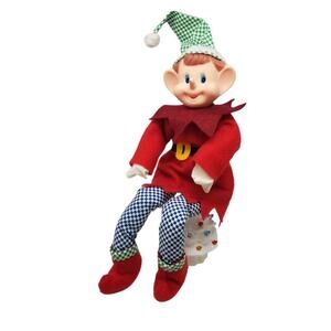Vintage Pixie Elf Tree Topper Rubber Face Felt Holiday Christmas Climber Wire